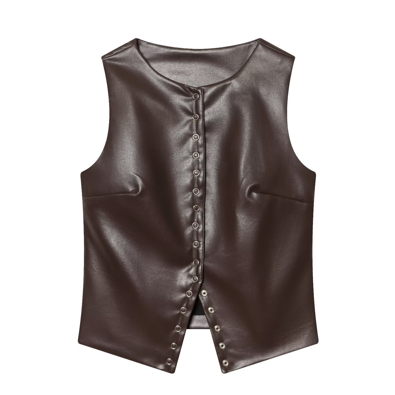 Myst & Za ropa de mujer 2026 primavera nueva moda simple versátil botón de cuello redondo decoración chaleco de cuero PU sin mangas image 6