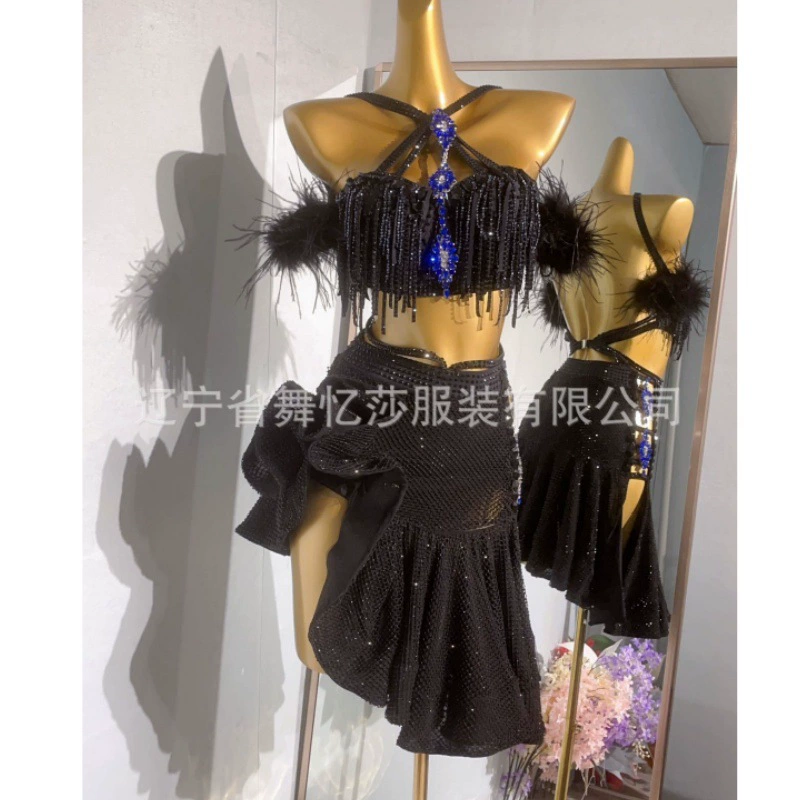 Латинский танец Конкурс Таблица Performance Одежда Платье с кисточками Профессиональный танец Взрослый цветок Одежда соло Искусство Тест Практика Одежда