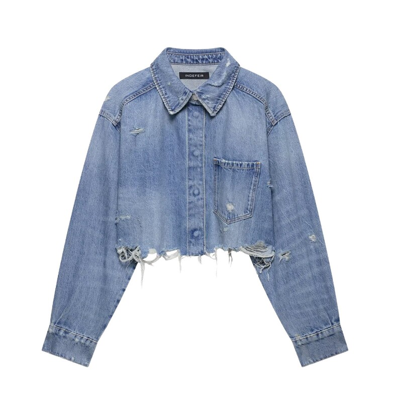European and American Style Women's Clothing 2025 New European and American Fashion Ripped Decorative Short Denim Shirt Jacket 5252272