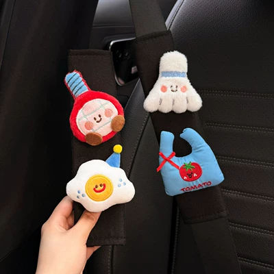 2026 New Car Seatbelt Shoulder Pads, Car Interior Seatbelt Decoration, Anti-Wear Clothing, Cute Couple Set (Seat belt shoulder pad) - red-tennis-racket-blue-hat-and-white-poached-egg-blue-tomato-puppet-bag-white-badminton-2-black-shoulder-pads