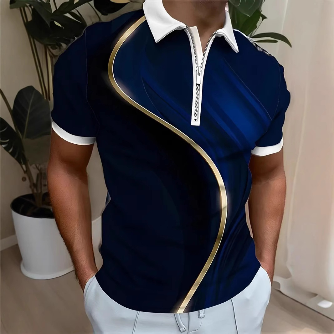 Camisa POLO con cremallera de manga corta con estampado digital 3D para hombre de verano transfronterizo de estilo deportivo y casual patrón geométrico MB13