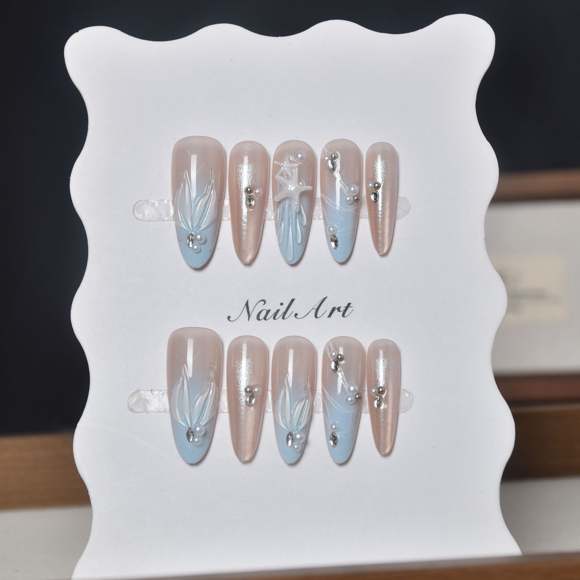 Gradiente azul para usar uñas estereoscópicas de cola de pescado estrella de mar puro deseo de ojo de gato brillante brillo de uñas blanqueador de alto nivel parche de uñas