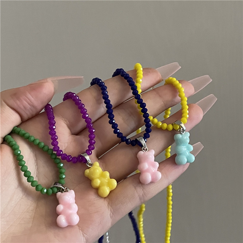 Korean Dongdaemun New Fun Necklace Womenu0027s Colorful Rice-Shaped Beads Stringed Beads Bear Crysta