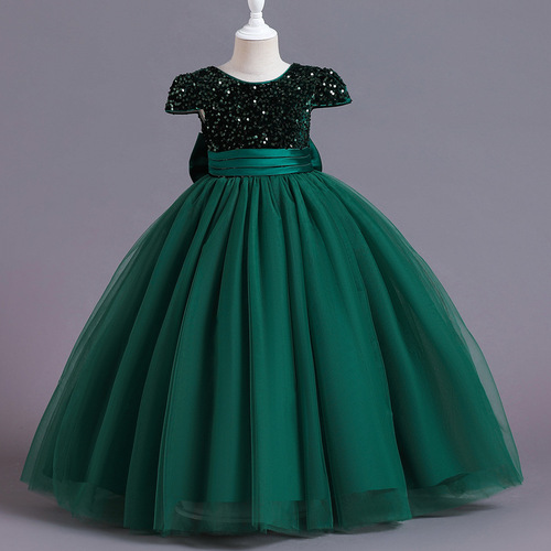 Girls' dress, evening dress, sequin mesh tutu skirt, long princess dress, sweet bow on the back