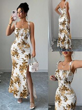 New Womens Fine Strap Bow Waist Ruched Hem Slit Floral