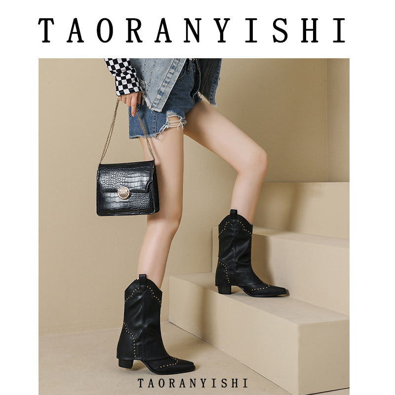 2025 Retro Short Brown V-cut Fashionable Western Cowboy Boots, Studded Mid-calf Boots For Women_vogvips.com