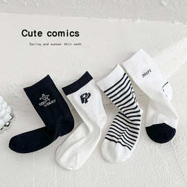黑白色条纹字母童袜春夏季儿童袜子网眼透气男童女童中筒袜2026