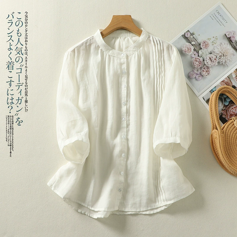 Летняя женская рубашка нового стиля с рукавами-гармошкой, однотонная хлопковая и льняная рубашка с воротником-стойкой, повседневная простая свободная рубашка