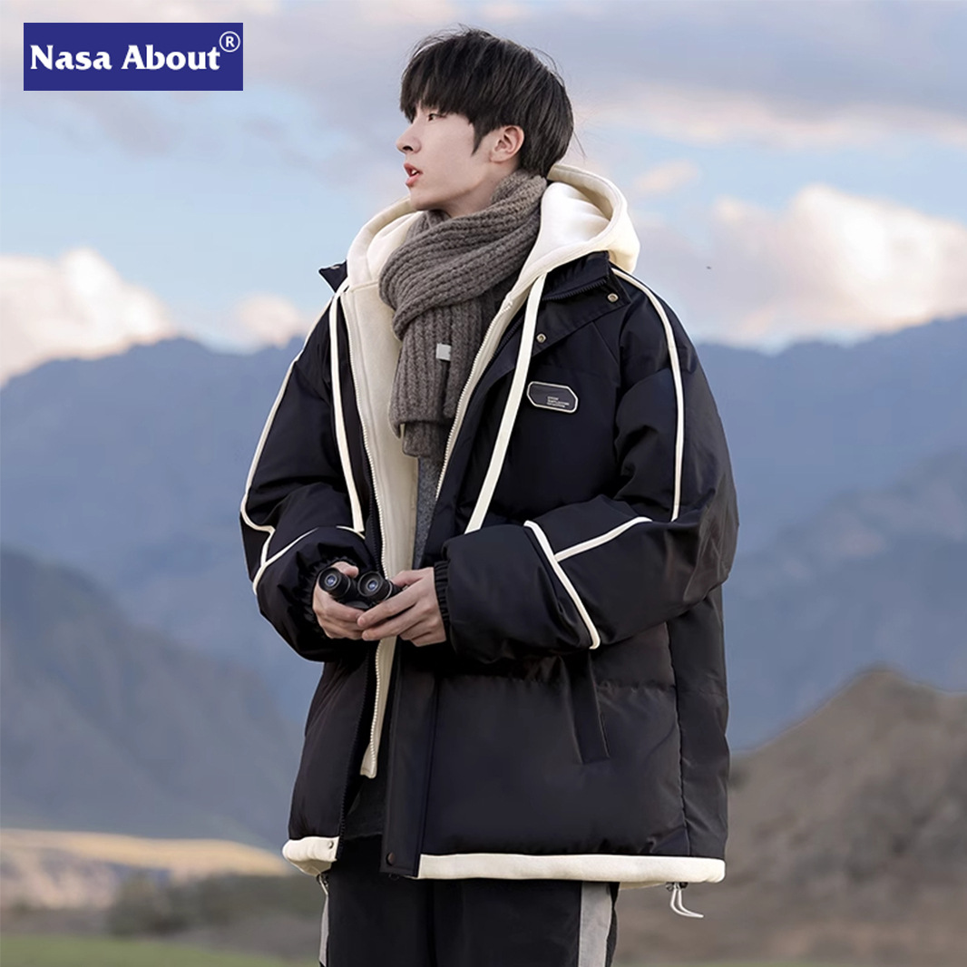 NASA 미국면 패딩 재킷 남성용 겨울 2024 새로운 두꺼운 복고풍면 패딩 재킷 겨울면 패딩 재킷 가짜 투피스 트렌디 브랜드