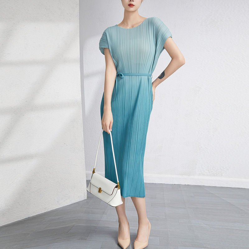 Pleated Dress with Blue-Purple Gradient and Smudged Stripes, Issey Miyake Style Loose-Fitting Belted Dress, Vacation Style Dress