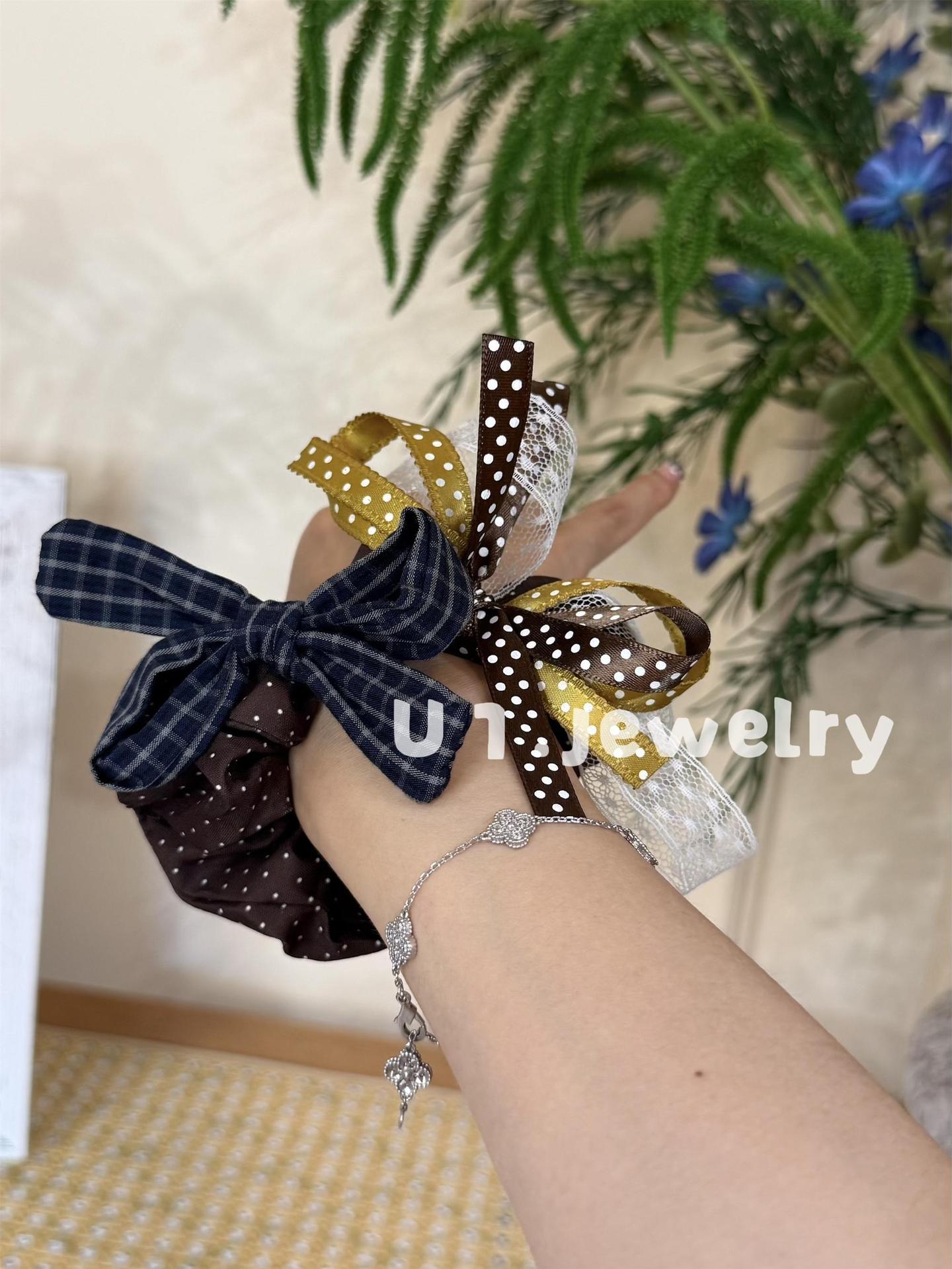 Youyijia stylish and unique double-layer bow hair tie, colorful polka dot plaid, girl's ponytail hair accessory