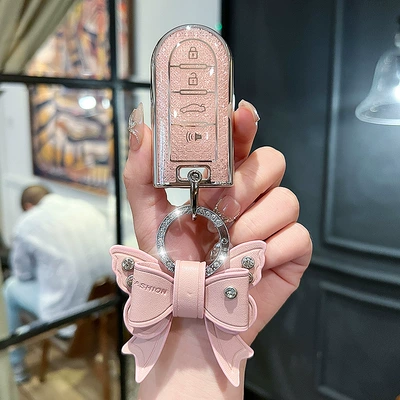 Car key bag Key Protection Bag Cover - beilu-model-a-smart-4-button-crystal-pink-single-shell-bow-diamond-buckle