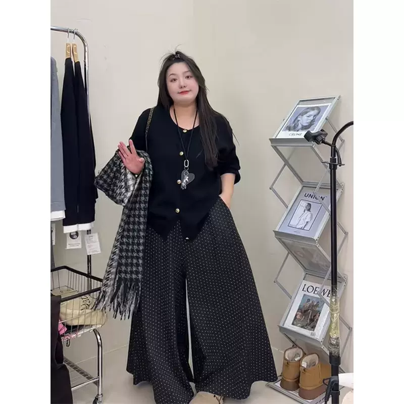 大码女装200斤波点裙裤 秋冬季高腰显瘦松紧腰碎花阔腿裤3586