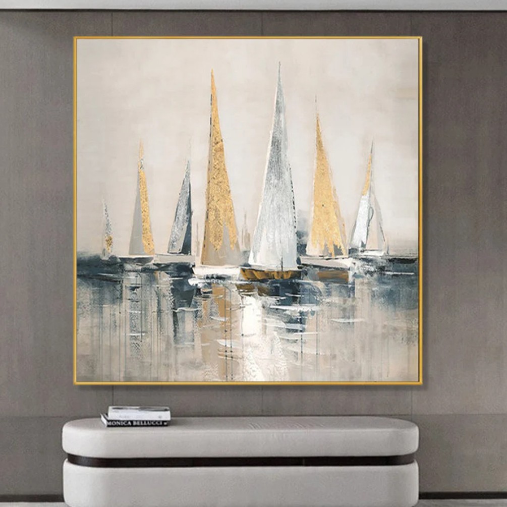 纯手绘油画帆船装饰画现代简约厚肌理刀画海景玄关画成品画金属框