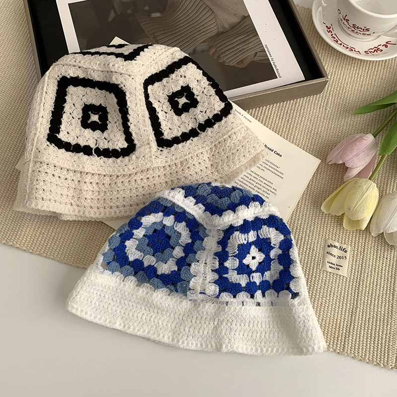 Sombrero de cabeza grande Sombrero de pescador de arte japonés Sombrero plegable de cúpula de flores de punto a juego de color para mujer Sombra de protección solar