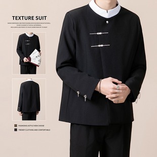 New Chinese Men's Black Coat Casual Suit Chinese Style Shoulder Pad Color-matching Collar Suit Jacket