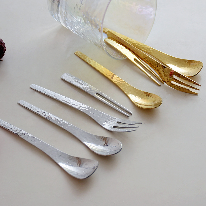 Japanese style design metal tableware hammer mesh pattern spoon cake fruit fork stainless steel dessert coffee spoon teaspoon