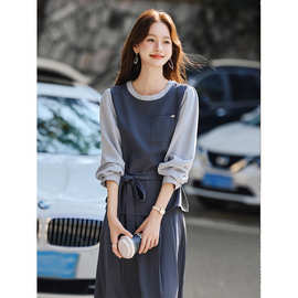 休闲风时尚灰色假两件衬衫上衣肌理感长款轻奢A字半身裙两件套女