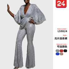 2025欧美外贸新款女装 ebay亚马逊直销亮片性感深V露背连体裤长裤