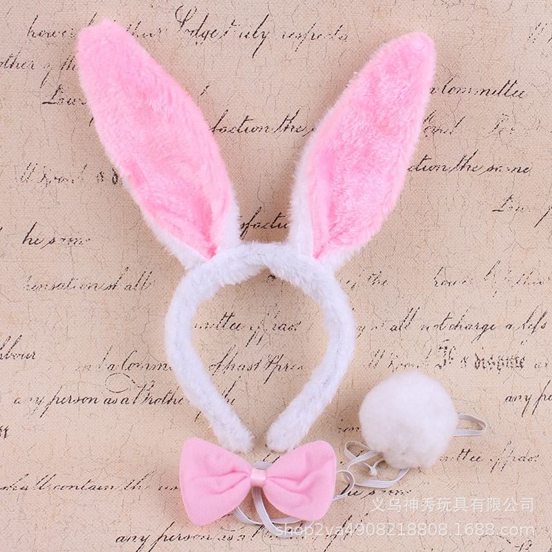 Tocado de rendimiento animal tocado de conejo accesorios lindo pequeño conejo blanco oreja diadema pajarita cola conjunto de tres piezas