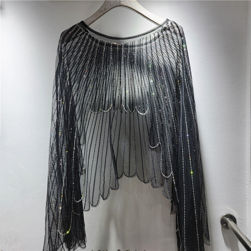 Moda europea y americana 2026 primavera y verano nuevo cuentas taladro caliente chale alas fuera de la camisa mujer image 2