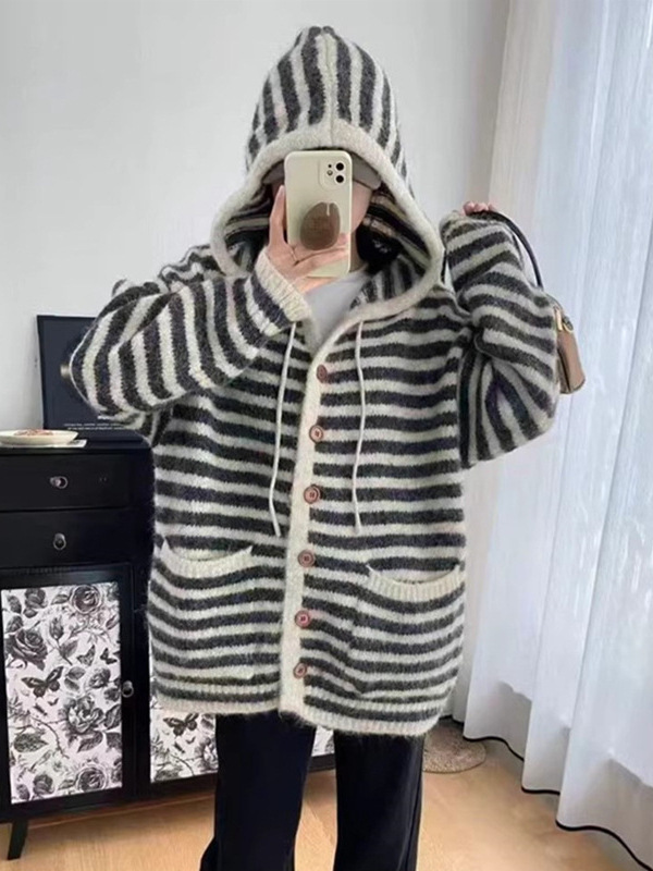 甜美风条纹连帽宽松针织衫开衫上衣女25年秋冬软糯风口袋毛衣外套|undefined