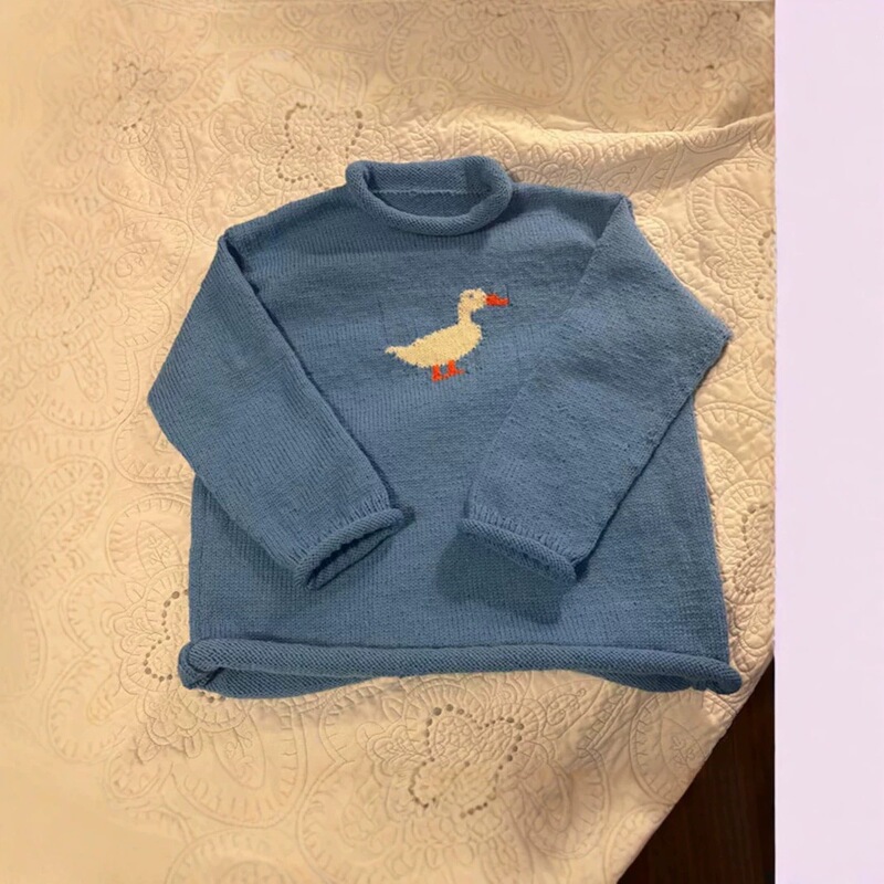 Vintage White Duck Jacquard Sweater for Women with Curled Hem, Semi-High Round Neck, Loose and Casual Knit Pullover Top Wholesale