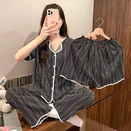 2025年新款三件套睡衣女款夏天短袖短裤长裤时尚网红风夏季家居服