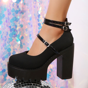 2025 spring new foreign trade plus size shoes women's high heels European and American fashion one word buckle thick heel fashion women's shoes