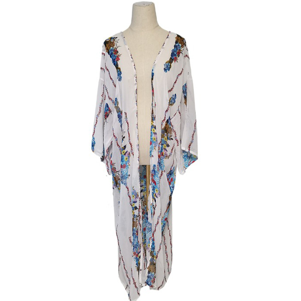 Blusa de playa europea y americana gasa impresa suelta vacaciones protector solar cardigan bikini blusa traje de baño chaqueta XF11