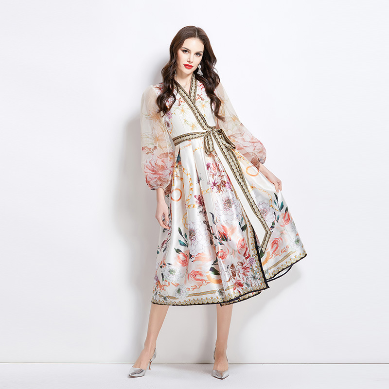 Cross-Border Export 2025 Spring New V Neck Ethnic Style Printed Satin Wrap Long Dress Cross-Border Export 2025 Spring New V Neck Ethnic Style Printed Satin Wrap Long Dress