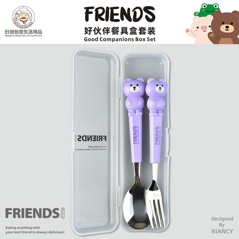 Animal encantador portátil para llevar estudiantes cucharas de comidas dormitorios escolares cucharas de cubierta de cubierta set