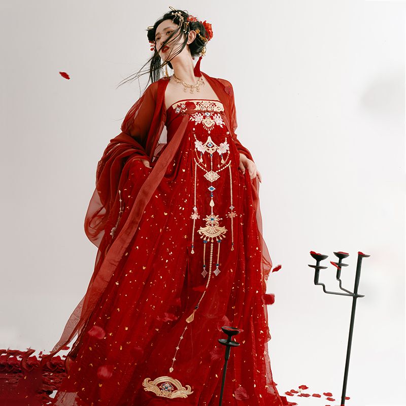 Original Hanfu Female [Red Dai] Hua Jia Heavy Industry Embroidered Big Sleeve Shirt Ancient Clothing Tang Red Chest Chebula Skirt Summer Autumn