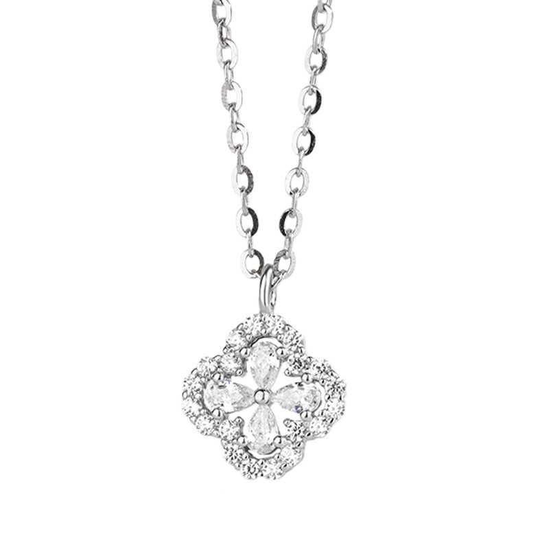 Sterling Silver Four-leaf Clover Necklace With Inlaid Diamonds_voghion.com