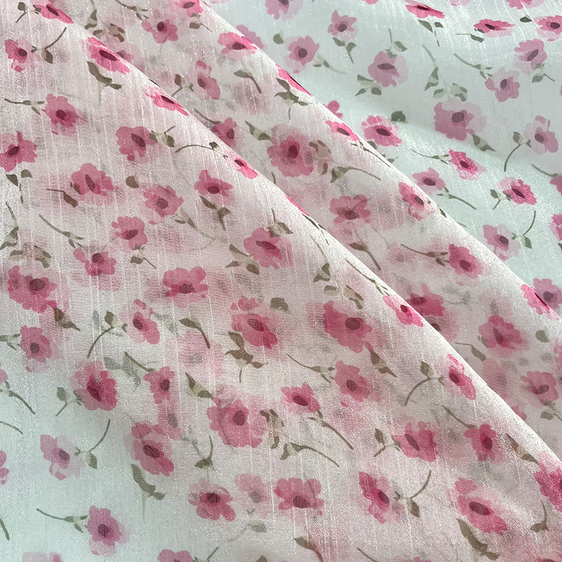 Tela de organza arrugada de poliéster, tela de impresión de flor rosa, ropa de mujer de primavera y verano, tela de impresión de primavera y verano