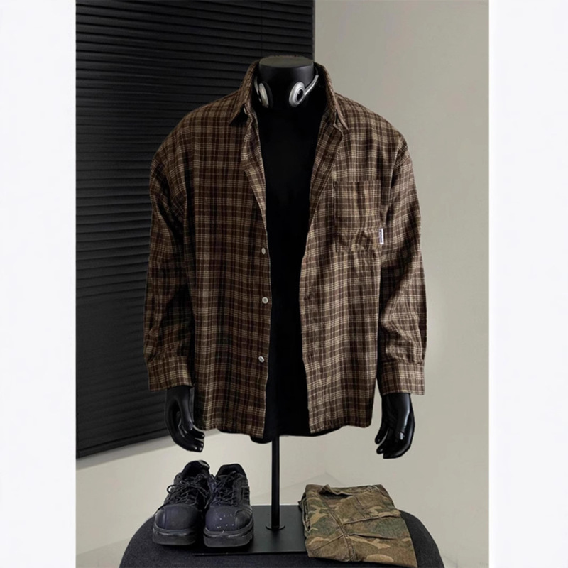 American Style Retro Brown Plaid Shirt Men's Autumn and Winter Maillard Wear Sanding Long-sleeved Shirt Inner Jacket Loose