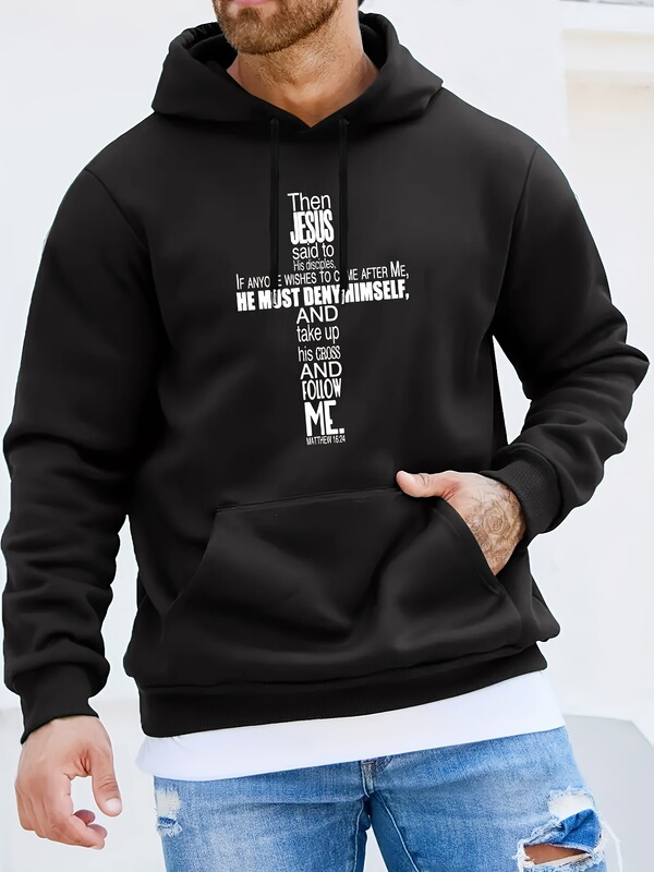 Christian Cross & Letter Print Hoodie, Men Cool Hoodie, Men Casual