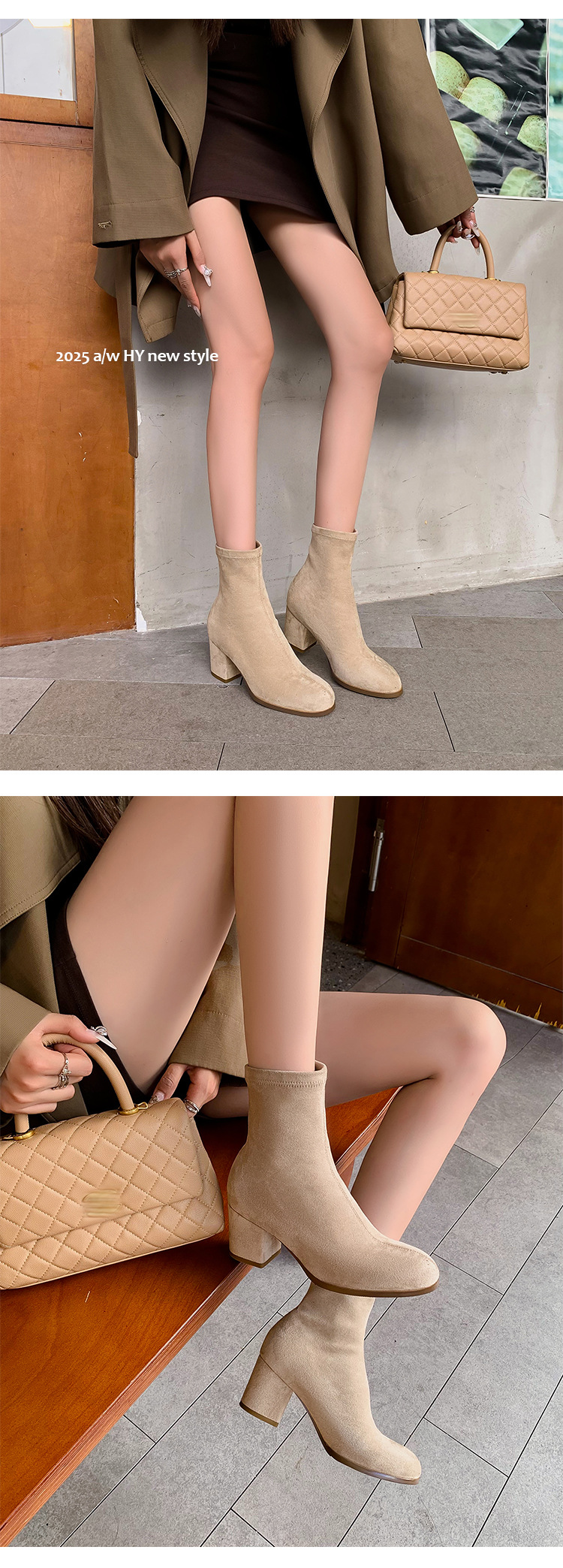 Boot nữ cổ cao ôm bắp chân mũi tròn gót vuông đế dày da lộn — Lớp lót đơn trên đầu gối màu kaki chi tiết 13