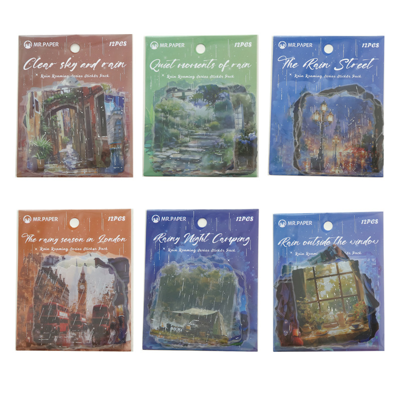 Papel Sr. Paquete de pegatinas grandes series de paseo en la lluvia retro paisaje lluvioso bolsas de pegatinas de material de decoración