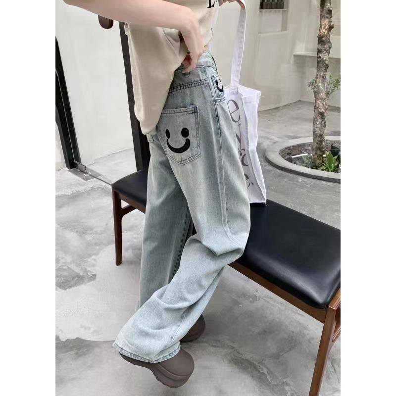 Smiley Face Embroidered Washed Vintage Wide-Leg Pants for Women Plus Size Loose Slimming High-Waisted Floor-Length Jeans