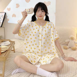鸭子卡通睡衣纯棉女夏可爱短袖短裤宽松大码休闲家居服套装