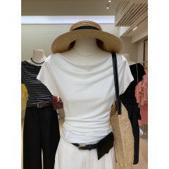 リヨセルテンセル肌に優しいスイングカラーウエスト半袖Tシャツ背中開きスリムレディース高級スリムストライプトップ