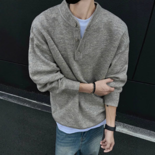 cleanfit Henry Collar Sweater Men's Autumn and Winter Korean Style Long Sleeve Grey Sweater American Style Retro Sweater Jacket