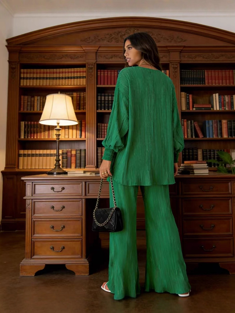 2026 moda transfronteriza europea y americana otoño nuevo estilo pantalones de campana plisados ​​ropa para el hogar plisada de un solo pecho drapeado conjunto de dos piezas