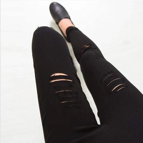 Women's External Wear Thin Black Spring Outfit New Magic Pencil Ankle Pants with Distressed Design, Stylish and Slimming