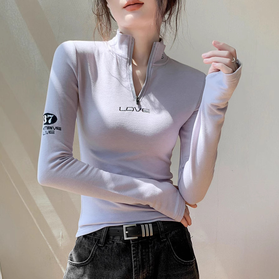 Double-Sided German Velvet Zipper Half-High Collar Long-Sleeve Plus-Size T-Shirt for Women, 2026 Spring New Slim-Fit Slimming Warm Top