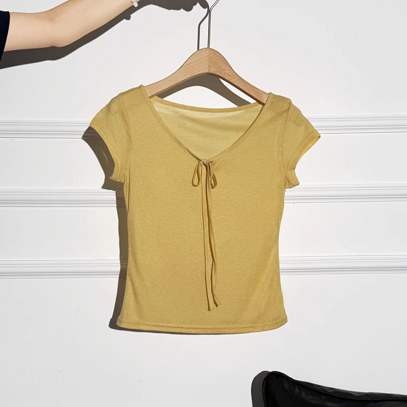 薄いデザインのレースアップUネック右肩半袖Tシャツ女性用2025夏新作ウエスト痩身気質トップ|undefined