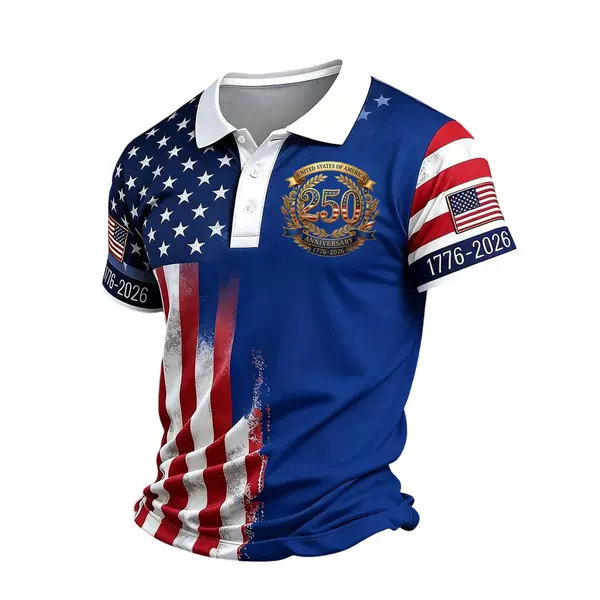 2026 Cross-Border Foreign Trade Amazon Independent Site Us Summer New Style 250Th Anniversary Printed Short-Sleeved Polo Shirt for Men