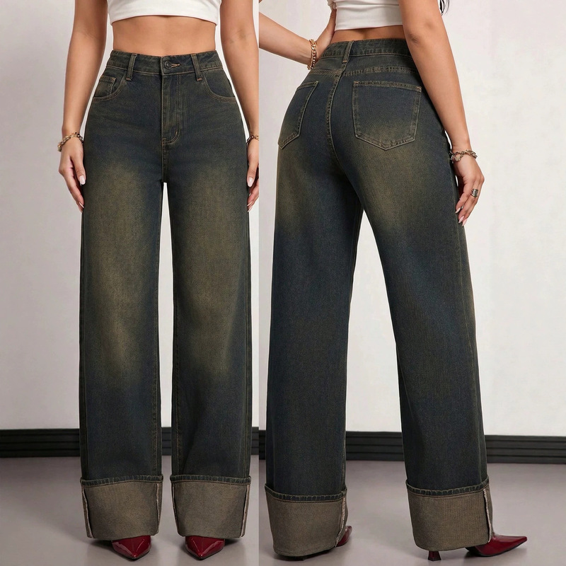 Women's European and American style vintage washed distressed high-waisted wide-leg cuffed straight-leg floor-length jeans Women's European and American style vintage washed distressed high-waisted wide-leg cuffed straight-leg floor-length jeans