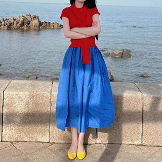 法式赫本风高级伞裙女夏季蓝色半身裙多巴胺港风克莱因蓝半身裙